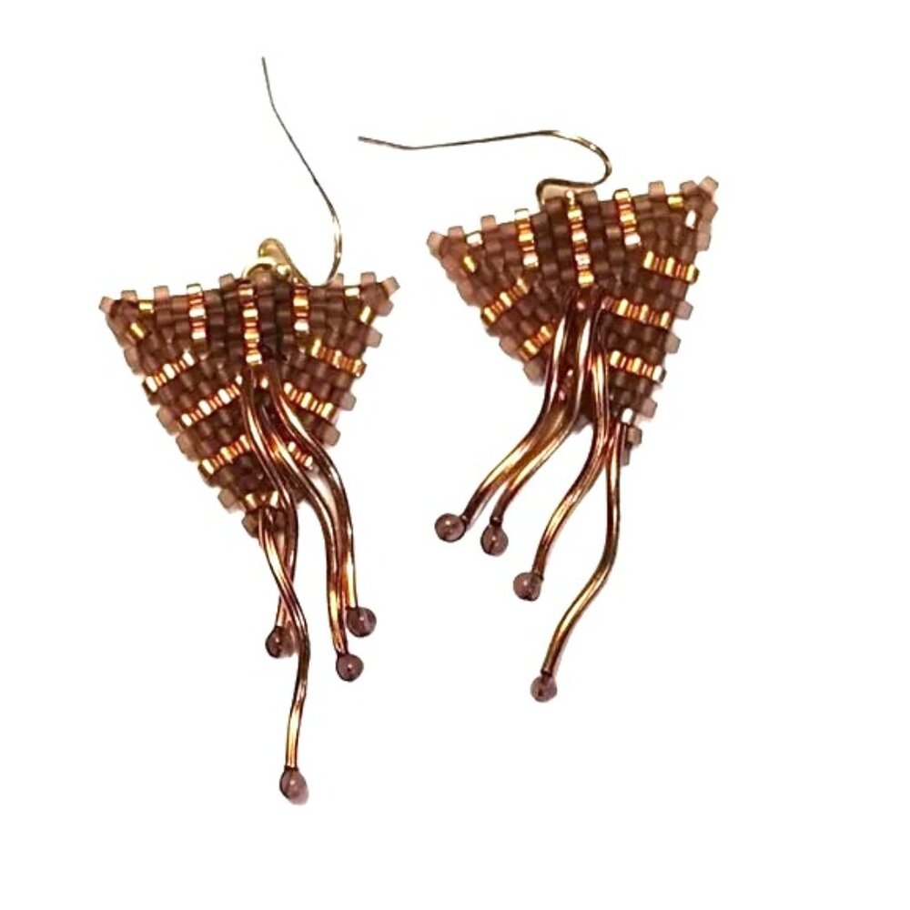 Handcrafted purple and copper boho beaded triangular earrings 2 inches long